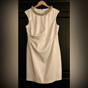 David’s Bridal ivory short satin dress with jewel neck